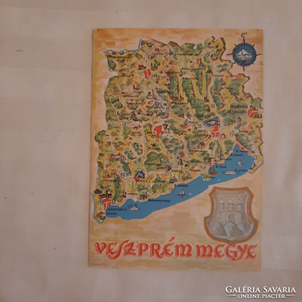 Postcard illustrated map of Veszprém County, 1975