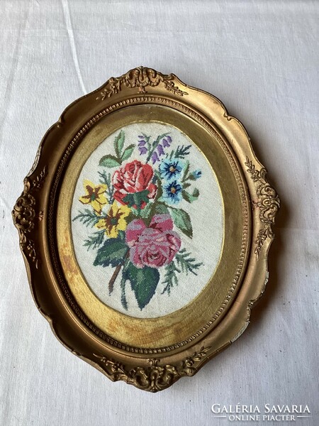Antique needle tapestry still life in oval frame 30x24 cm.