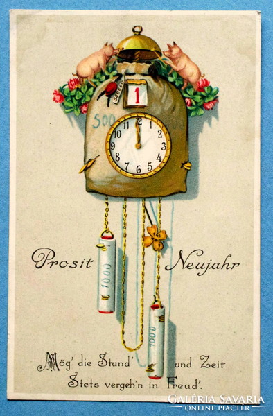 Antik  Újévi üdvözlő litho képeslap -  malacok , pénzeszsákfalióra  1918ból