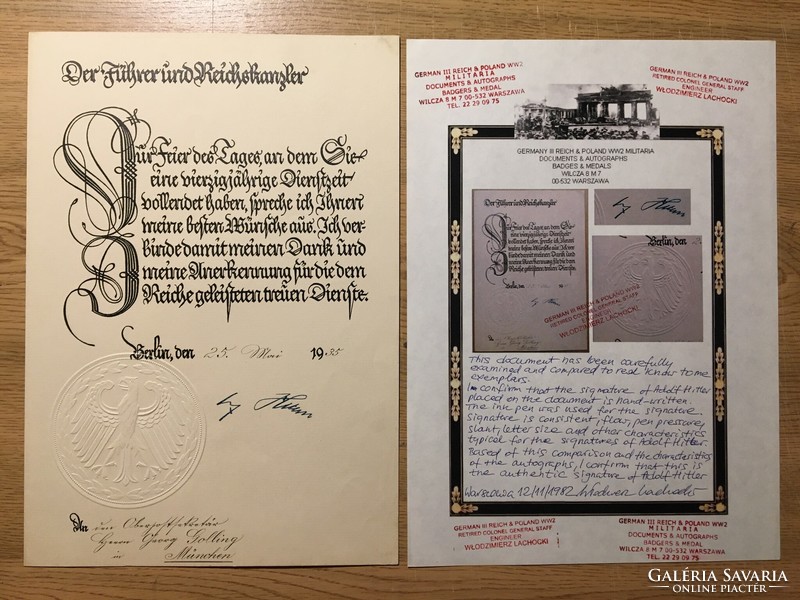 Adolf hitler hand signature document berlin 1935 - certificate coa hitler's signature