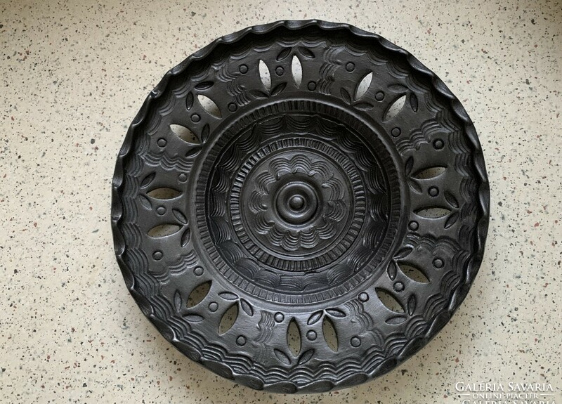 Openwork black ceramic bowl from Mohács, wall plate, wall decoration, retro