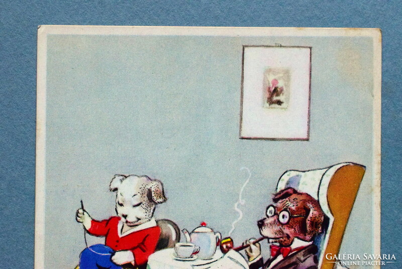 Old humorous graphic dog postcard - dog family