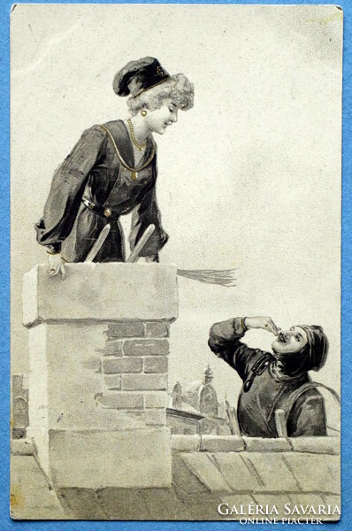 Antik  Újévi üdvözlő litho képeslap -  kéményseprő hölgy és úr  1904ből