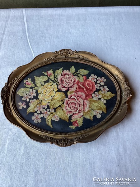 Antique needle tapestry still life in oval frame 29x23 cm.