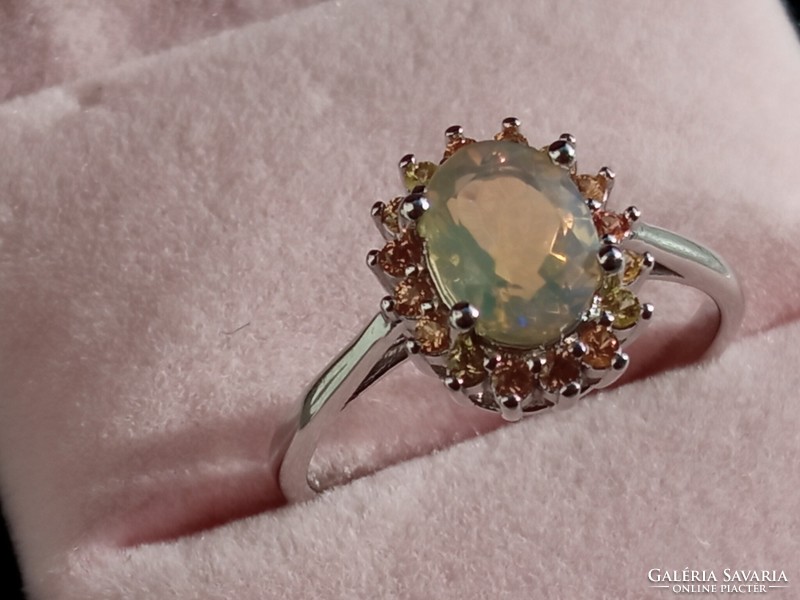 Ethiopian fire opal - yellow sapphire 925 silver ring 57