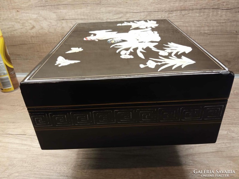 Antique Chinese large lacquer box with bone and shell mother-of-pearl inlay