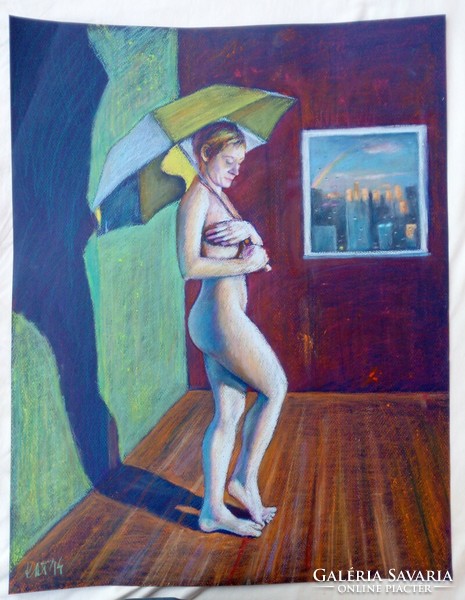 Naked lady with parasol, modern impressionist painting. Created by Tamás Attila Kagyerják