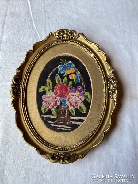 Antique needle tapestry still life in oval frame 28x22 cm.
