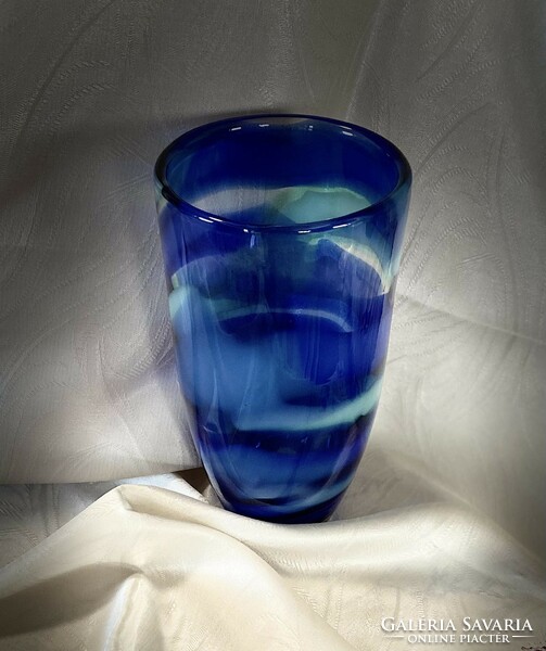 Beautifully looking retro glass vase in thick-walled cobalt and turquoise colors, decorative glass