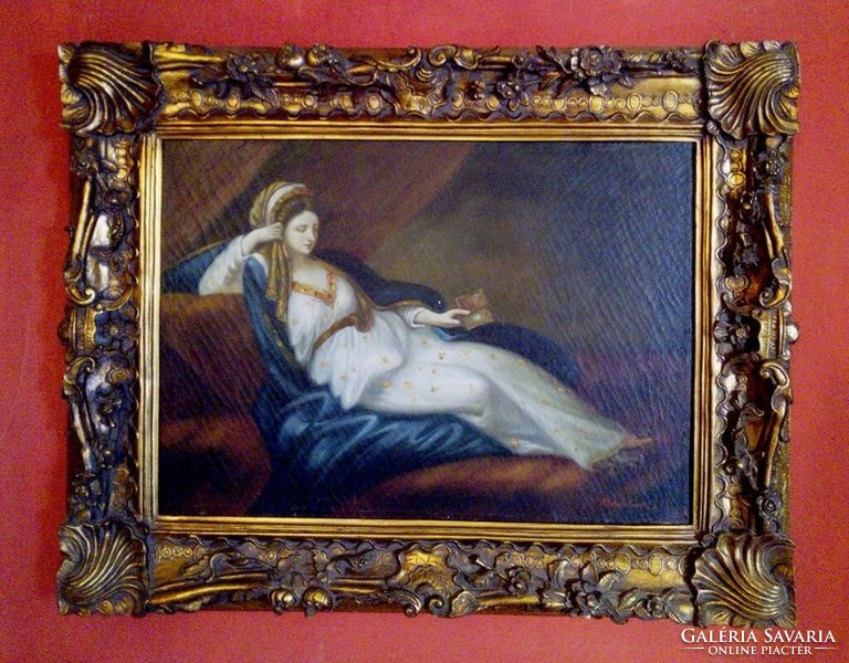 Kedvese miniatűr portréját nézegető hölgy. Barokk stílusú festmény külföldi szignóval