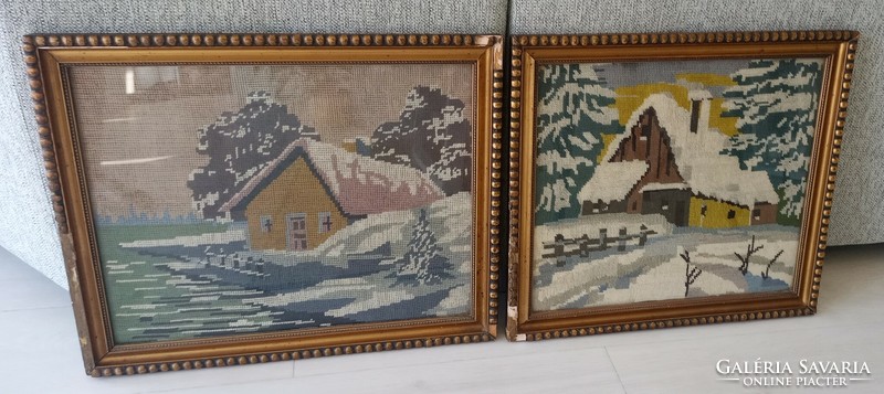 2 old tapestries, in a frame, behind glass