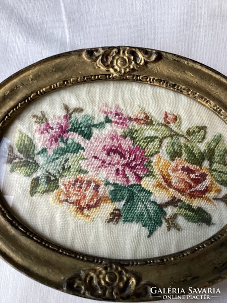 Antique needle tapestry still life in oval frame 21x16 cm.