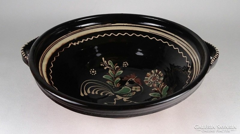 1P988 old Karcagi large earthenware bowl with handle, wall plate 36 cm