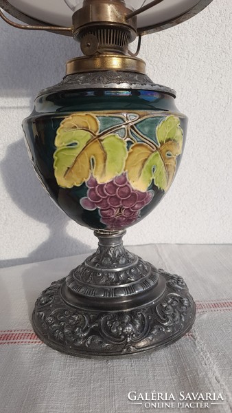 Art Nouveau majolica table kerosene lamp, with a hand-painted shade, restored