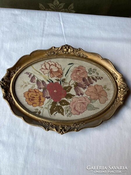 Antique needle tapestry still life in oval frame 35x25 cm.