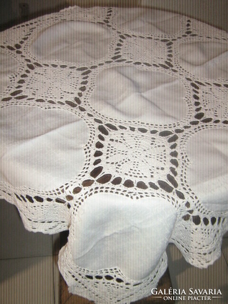 Dreamy handmade crocheted floral patterned edge and inlaid white silk tablecloth