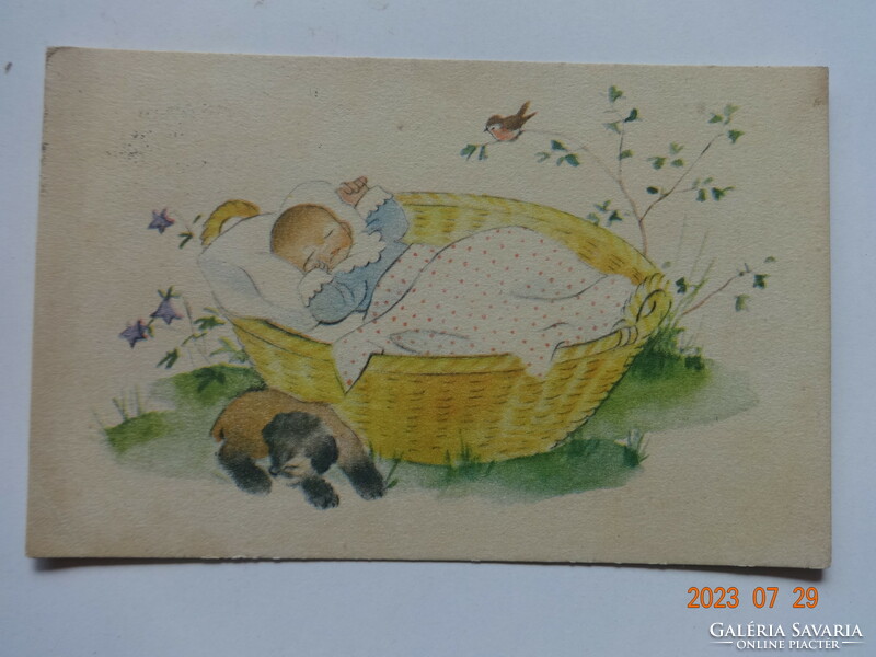 Régi grafikus üdvözlő képeslap -  gyermek mózeskosárban - Győrffy Anna rajz (1956)