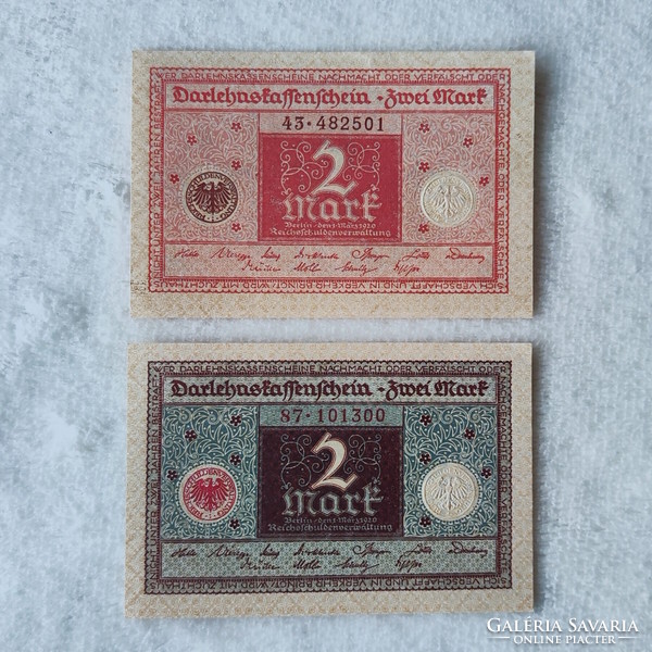 1920-as 2 márka: vörös és kék kiadás – Német weimari köztársaság (UNC) | 2 db bankjegy