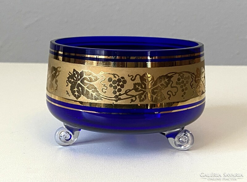 3 Legs blue glass retro serving bowl decorated with golden grapes 10 x 6.5 Cm high