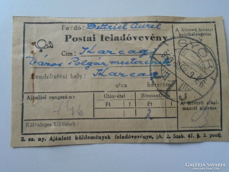 ZA482.23 Postai Feladóvevény Karcag város polgármestrének -Dittrich Aurél  Győr  1950