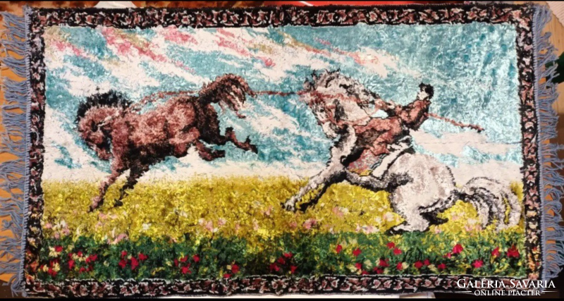 Régi, lovas jelenetet ábrázoló falvédő szép állapotban 94 x 56 cm