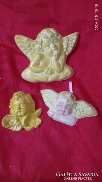 Painted plaster Christmas tree decorations, angels, golden puttos