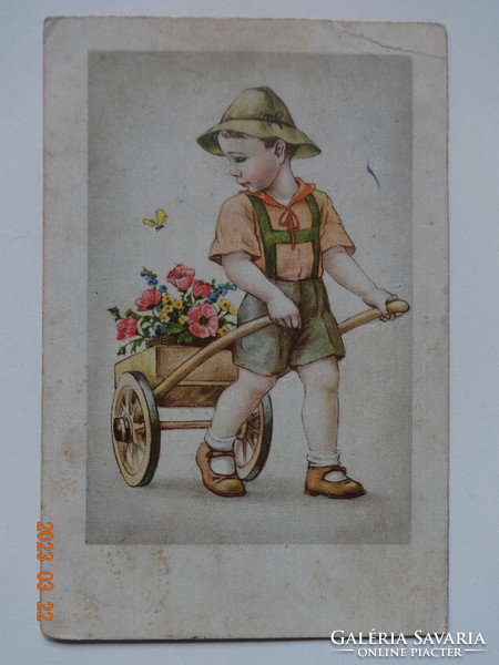 Old graphic greeting card - boy with wheelbarrow of flowers (1942)