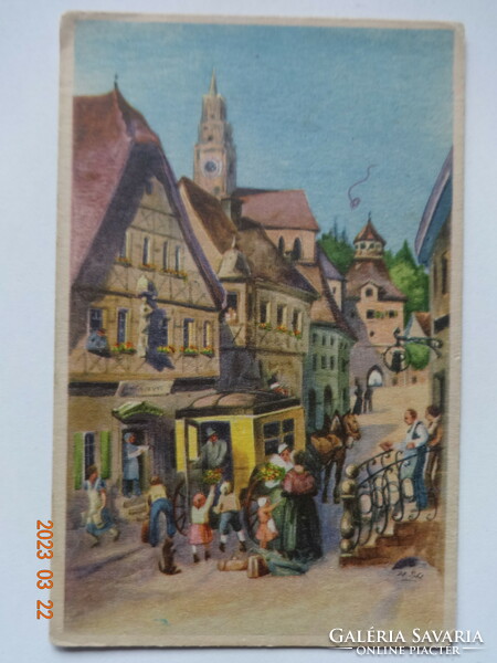 Old graphic postcard, street view, flower fair from a horse-drawn carriage - postal clean