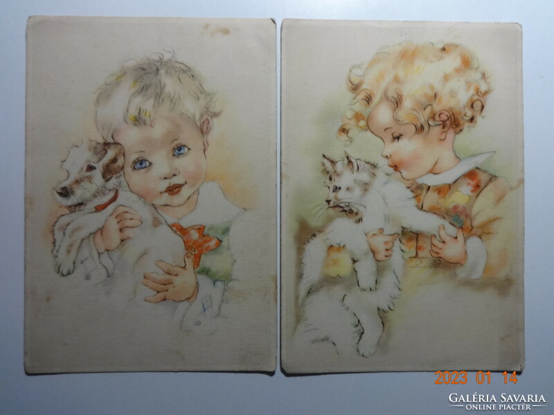 Két régi grafikus képeslap együtt: kislány cicával + kisfiú kutyával