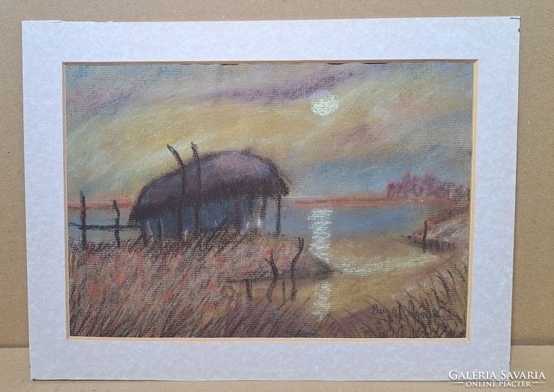 Sunset on the waterfront (framed pastel) - signed, lush ... ? With signal