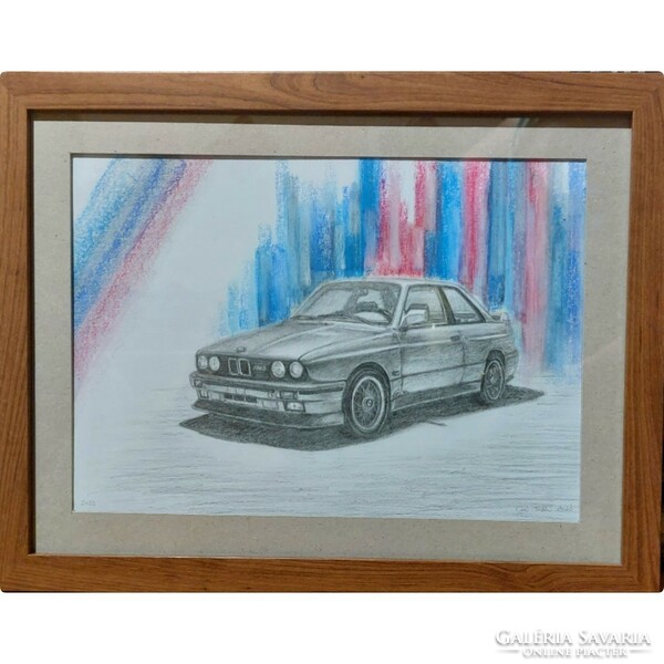 BMW E30/M3 ceruza rajz, pasztell háttérrel