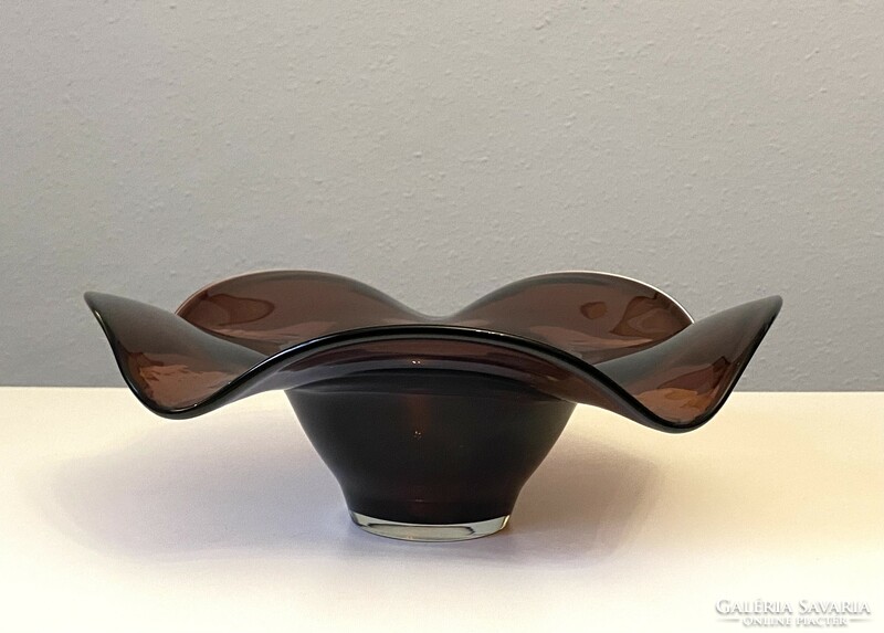 Retro burgundy colored glass center serving bowl with wavy edges 31 cm