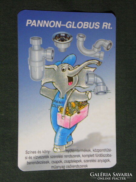 Kártyanaptár, Pannon Globus fém acél nagykereskedő, Győr, grafikai rajzos, elefánt, 1996,   (5)