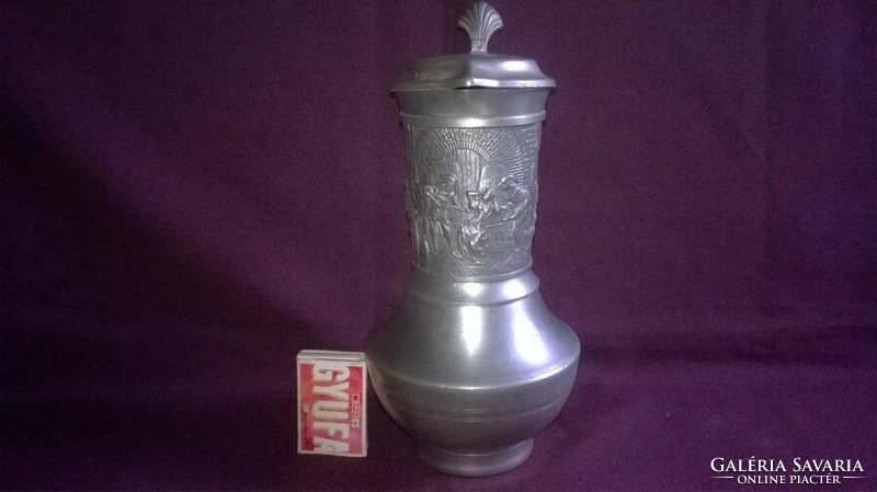 Embossed, marked, lidded tin spout, jug 3.