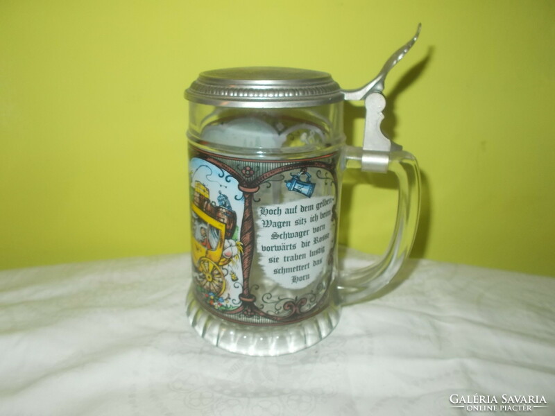 Glass cup with lid and jug scene