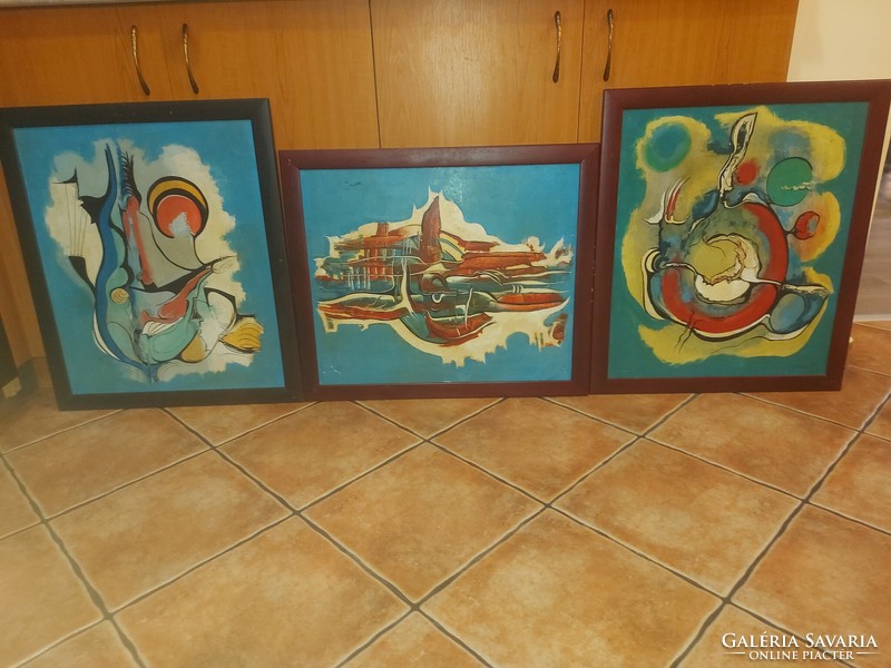 3 abstract paintings, oil, wood fiber, 60x50/67x57 cm