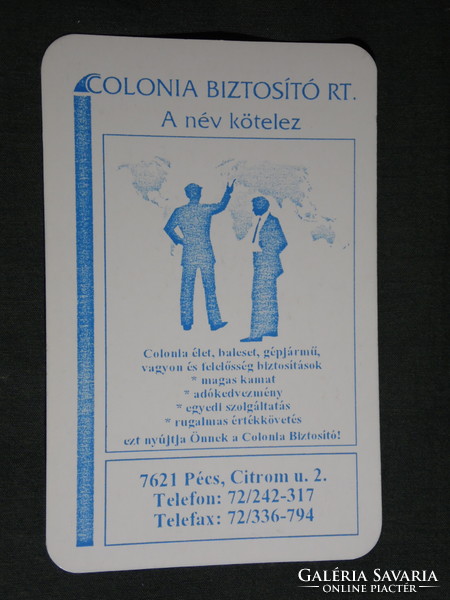 Kártyanaptár, Colonia Biztosító Rt., Pécs , grafika rajzos 1996,   (5)