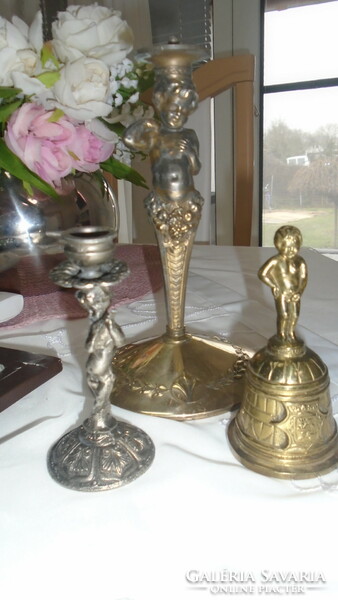 Antique putto objects consisting of three pieces together with 2 candle holders and 1 bell