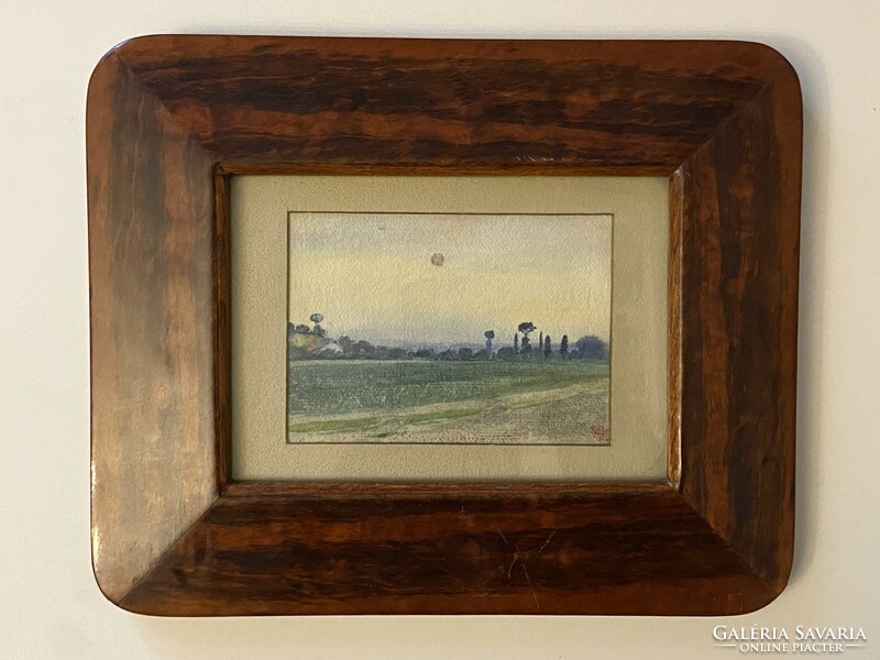 1896 antique small marked landscape painting in a Biedermeier wooden frame