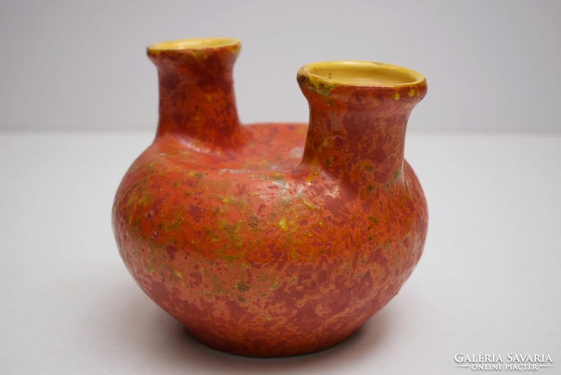 Mid century lake head two-pronged ceramic vase / retro two-necked vase