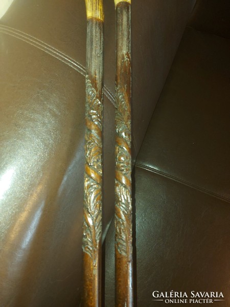 2 wooden walking sticks with antler teeth, hunting stick, in good condition
