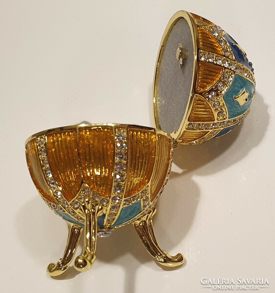 Faberge-type enameled, gold-plated musical egg, jewelry holder