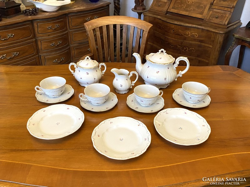 Set of 4 tea cups + base + sugar bowl with lid + jug + milk spout + 3 plates Zsolnay porcelain