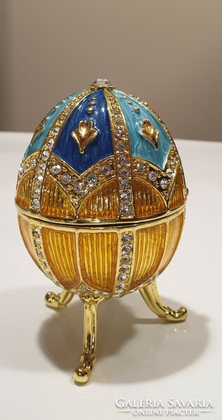 Faberge típusú zománcozott, aranyozott zenélő tojás, ékszertartó