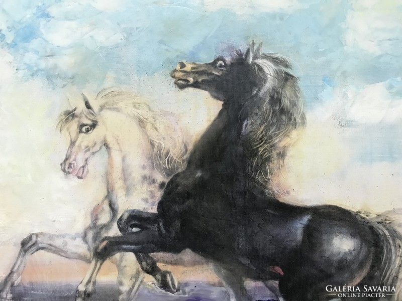 Délvidéki  talán szerb festő szignált olajkép  : Ágaskodó lovak