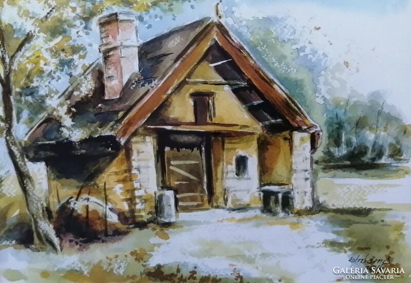 Lonely farm, framed watercolor painting. The work of contemporary painter Ernő Bíró