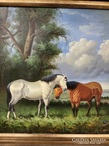 Horses on the river bank oil painting