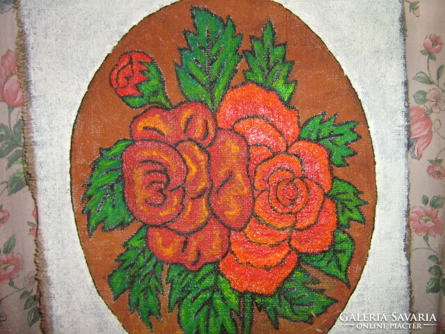 Piros rózsás vintage shabby chic amatőr festmény