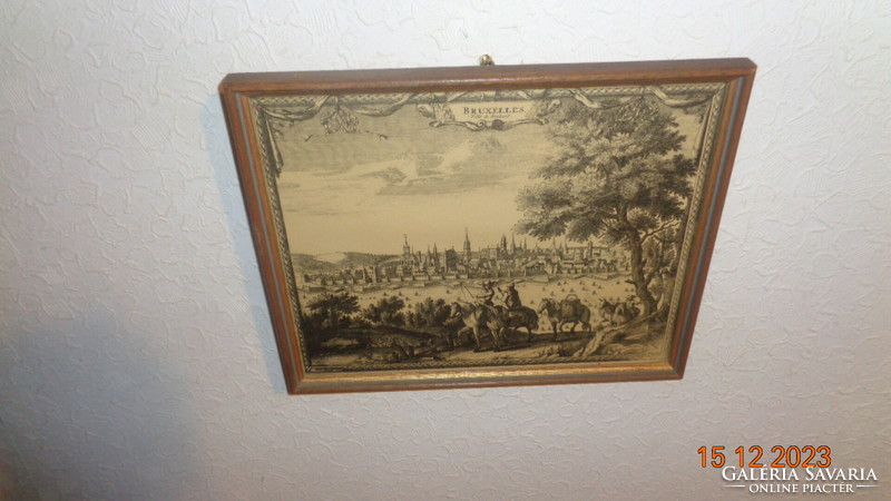 Ville de Brabant, Brussels skyline, old etching, 26 x 21 cm, with original frame 28 x 23 cm