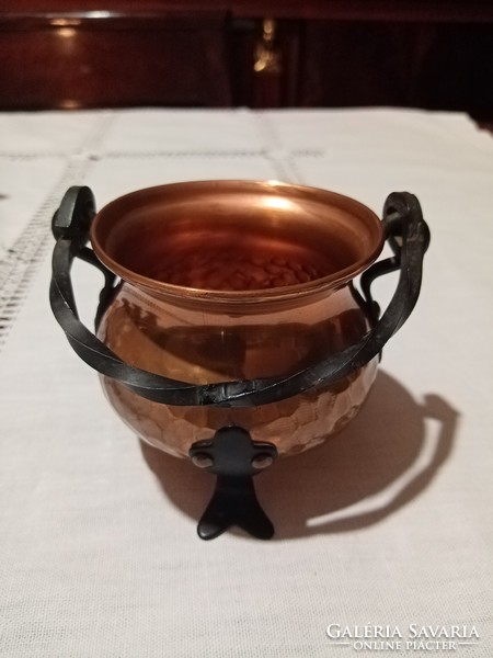 Red copper pot with wrought iron handle and legs - sugar holder, serving dish, table centerpiece